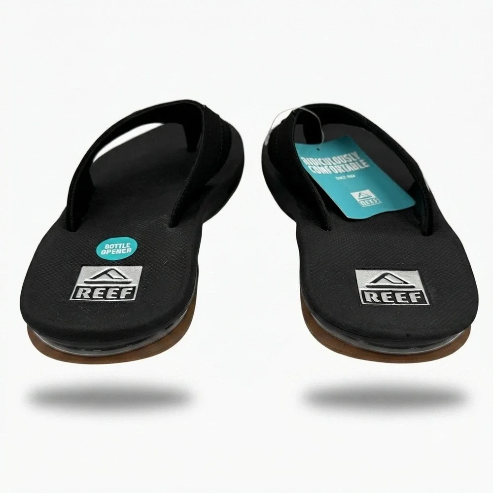 Reef Fanning Flip Flops Mens 9 Black Silver Bottle Opener RF002026BLS **NEW**